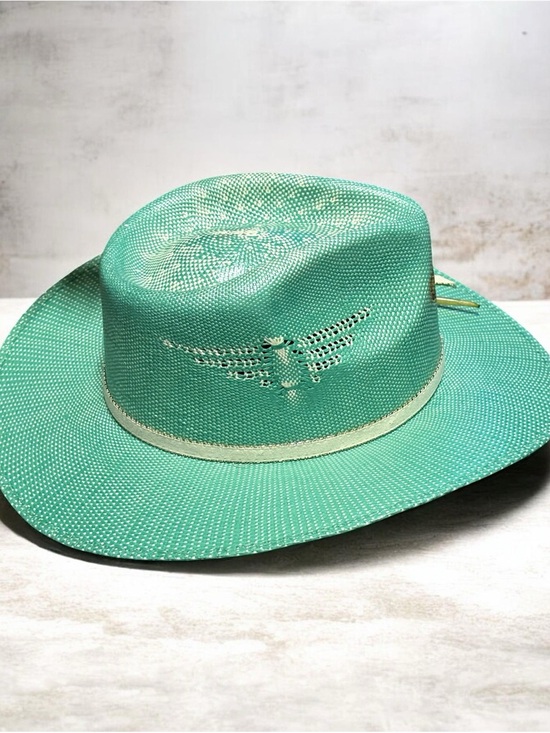 Charlie, 1 horse teal Straw Hat with Ivory Band and Green Feather main image 4